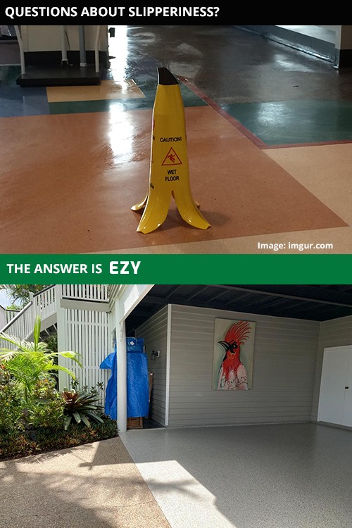 Two photos showing a wet, slippery flooring on top and Garage Granite in an exposed area with a non-slip particle added for extra slip resistance.