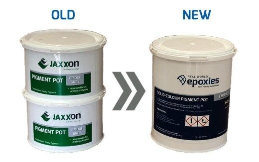 A photo of the old Jaxxon Pigment Pot alongside the new, larger Real World Epoxies Pigment Pot.